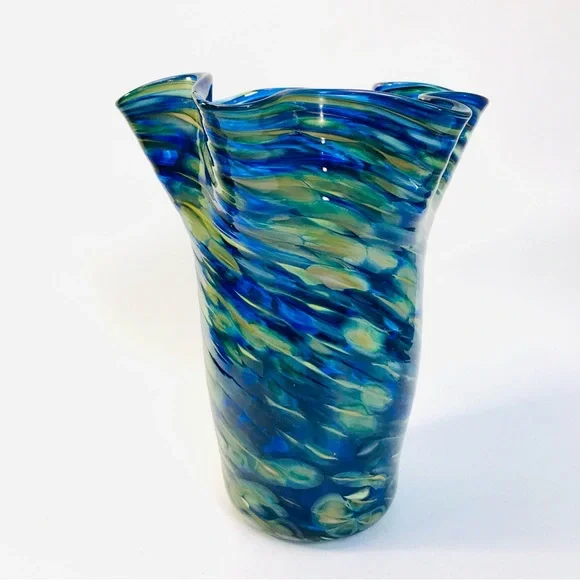 Arribas Brothers Walt Disney World Blown Glass Ruffled Vase 9” Blue Yellow Swirl - Picture 7 of 15